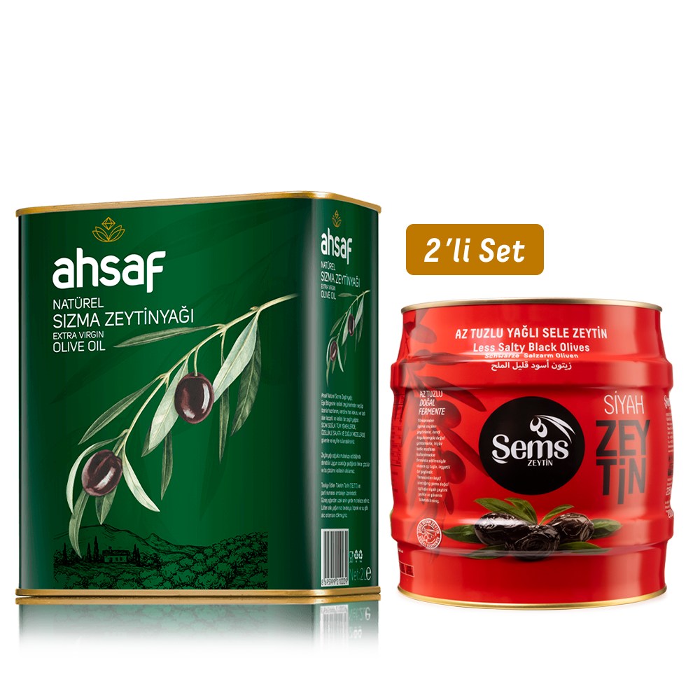 Natürel Sızma Zeytinyağı 2L Teneke  + Yağlı  Siyah  Sele Zeytin 2 Kg  291-320 Kalibre (2'li Ekonomik Paket)