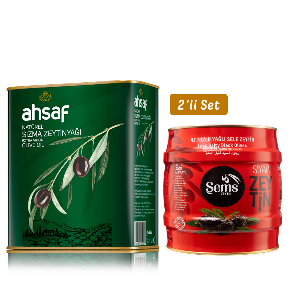 Natürel Sızma Zeytinyağı 2L Teneke  + Yağlı  Siyah  Sele Zeytin 2 Kg  291-320 Kalibre (2'li Ekonomik Paket)