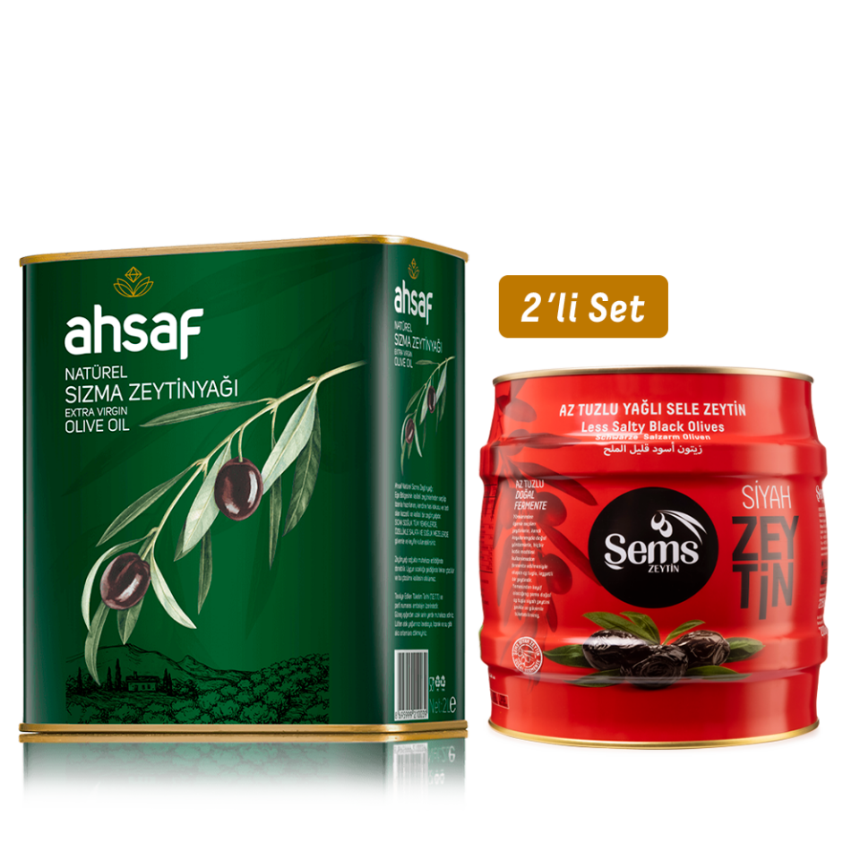 Natürel Sızma Zeytinyağı 2L Teneke  + Yağlı  Siyah  Sele Zeytin 2 Kg  291-320 Kalibre (2'li Ekonomik Paket)