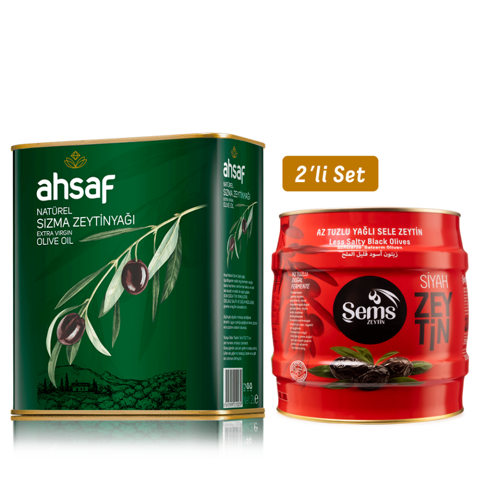 Natürel Sızma Zeytinyağı 2L Teneke  + Yağlı  Siyah  Sele Zeytin 2 Kg  291-320 Kalibre (2'li Ekonomik Paket)