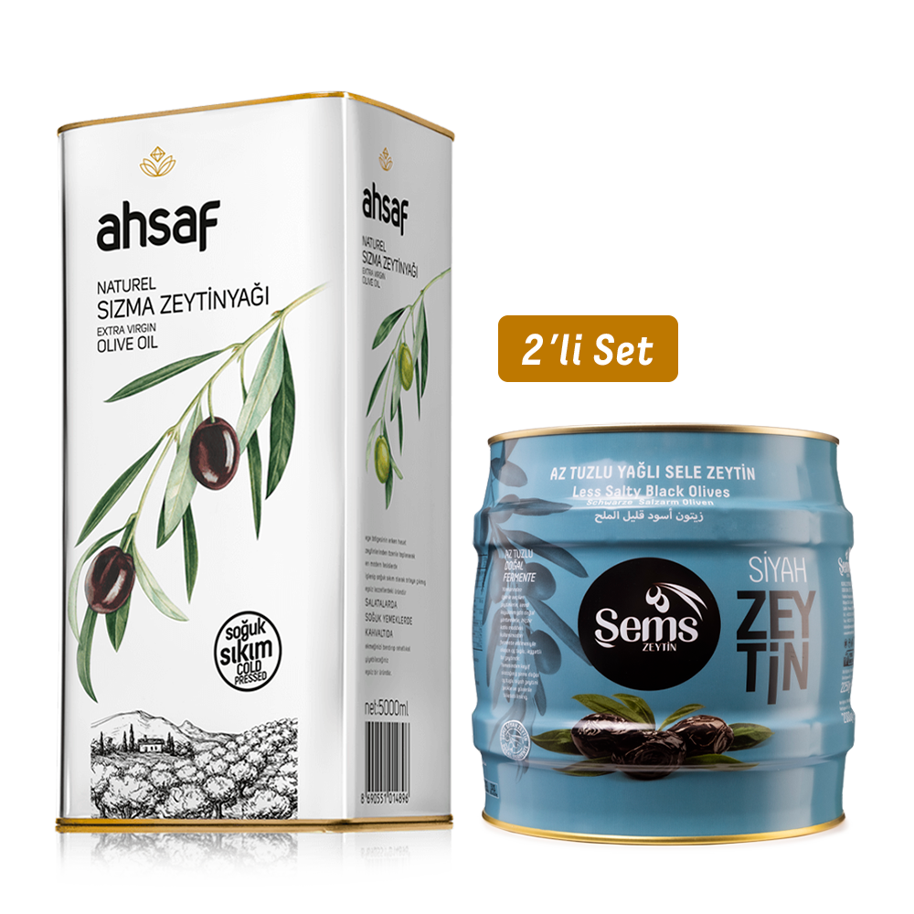 Soğuk Sıkım Natürel Sızma Zeytinyağı 5L -Teneke +Şems Yağlı Siyah Sele  Zeytin 2 Kg 261-290 Kalibre  (2'li Ekonomik Paket)