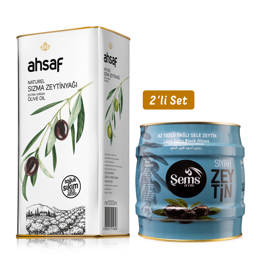 Soğuk Sıkım Natürel Sızma Zeytinyağı 5L -Teneke +Şems Yağlı Siyah Sele  Zeytin 2 Kg 261-290 Kalibre  (2'li Ekonomik Paket)