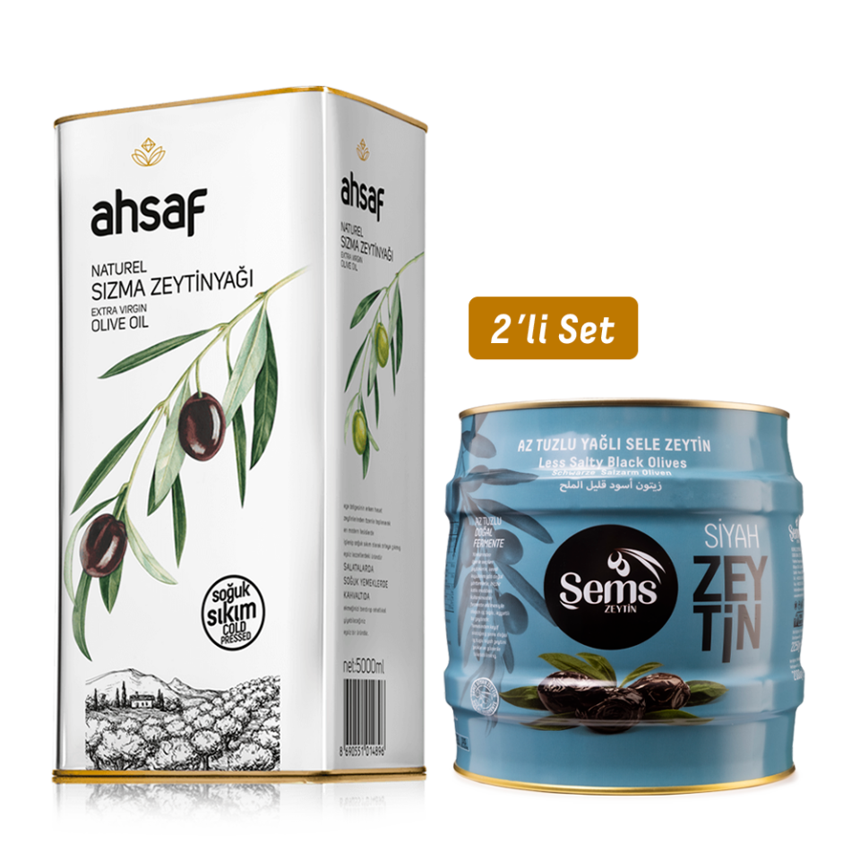 Soğuk Sıkım Natürel Sızma Zeytinyağı 5L -Teneke +Şems Yağlı Siyah Sele  Zeytin 2 Kg 261-290 Kalibre  (2'li Ekonomik Paket)