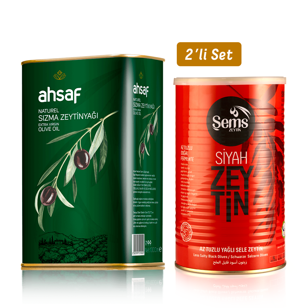 Natürel Sızma Zeytinyağı 1L -Teneke +Yağlı Sele Siyah Zeytin 900 Gr 291-320 Kalibre (2'li Ekonomik Paket)