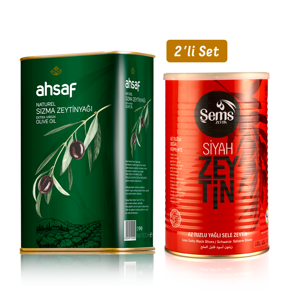 Natürel Sızma Zeytinyağı 1L -Teneke +Yağlı Sele Siyah Zeytin 900 Gr 291-320 Kalibre (2'li Ekonomik Paket)