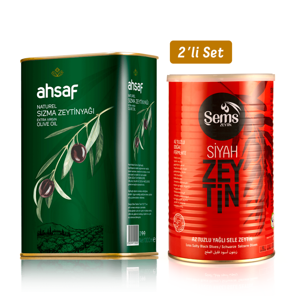 Natürel Sızma Zeytinyağı 1L -Teneke +Yağlı Sele Siyah Zeytin 900 Gr 291-320 Kalibre (2'li Ekonomik Paket)