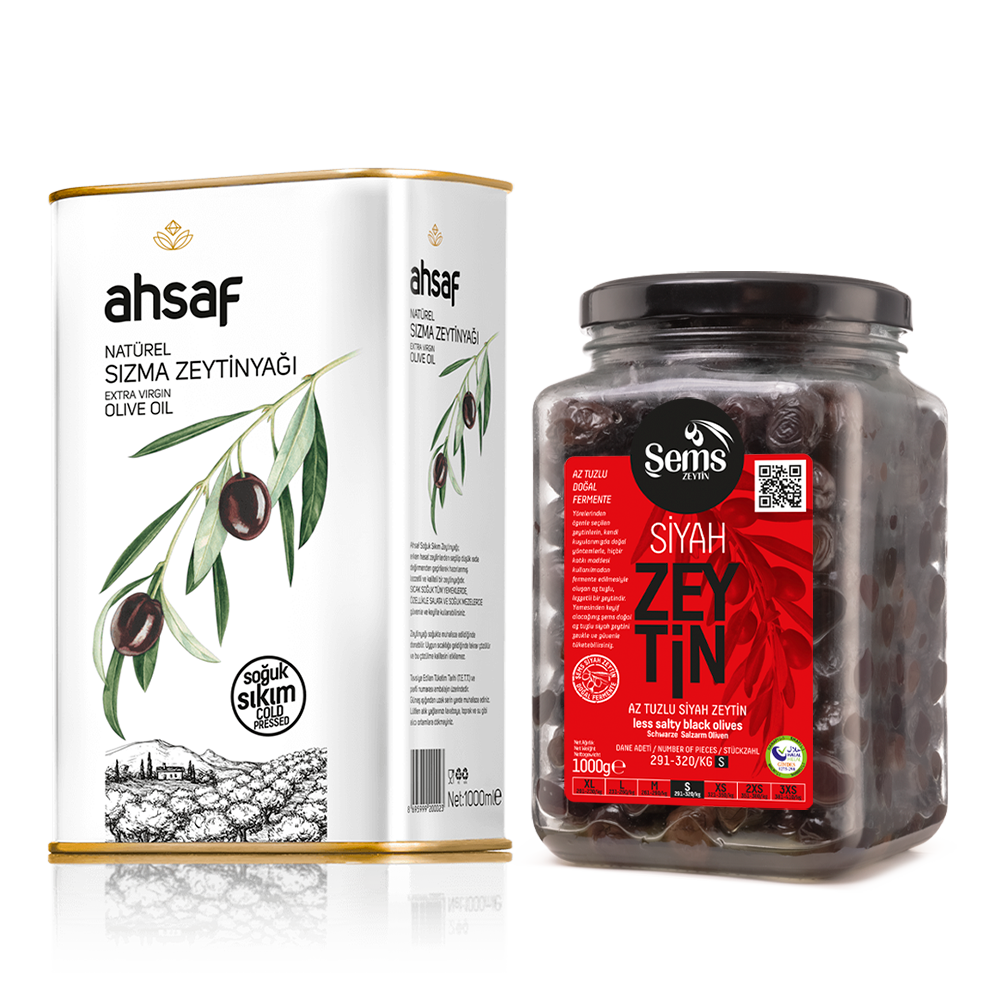 Soğuk Sıkım Natürel Sızma Zeytinyağı 1L Teneke + Şems Yağlı Siyah Sele Zeytin 1 Kg 291-320- Cam (2'li Ekonomik Paket)