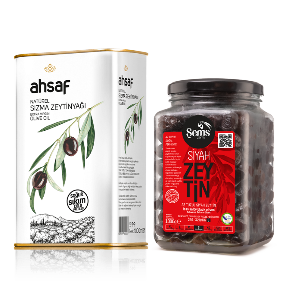 Soğuk Sıkım Natürel Sızma Zeytinyağı 1L Teneke + Şems Yağlı Siyah Sele Zeytin 1 Kg 291-320- Cam (2'li Ekonomik Paket)