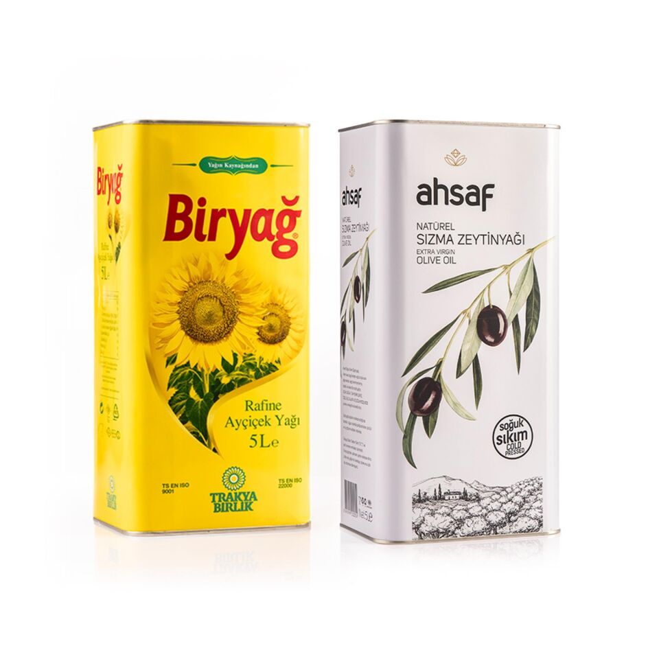 Ahsaf Soğuk Sıkım Natürel Sızma Zeytinyağı 5L Teneke + Biryağ Ayçiçek Yağı 5L Teneke