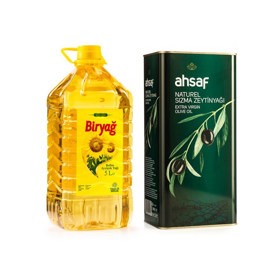Ahsaf Natürel Sızma Zeytinyağı 5L Teneke +Biryağ Ayçiçek Yağı 5L Pet