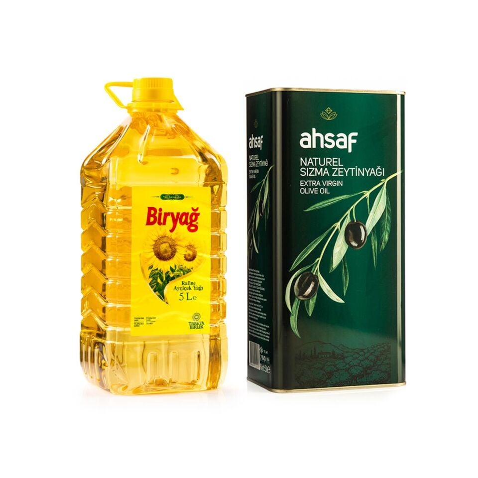 Ahsaf Natürel Sızma Zeytinyağı 5L Teneke +Biryağ Ayçiçek Yağı 5L Pet