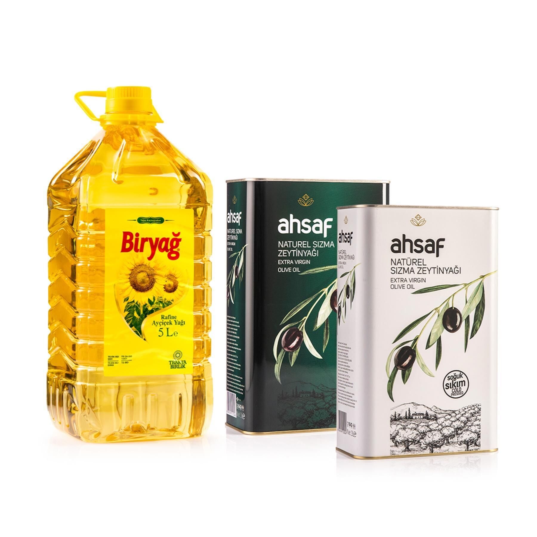 Soğuk Sıkım Natürel Sızma Zeytinyağı 3L Teneke+ Natürel Sızma Zeytinyağı 3L Teneke + Biryağ Ayçiçek Yağı 5L Pet