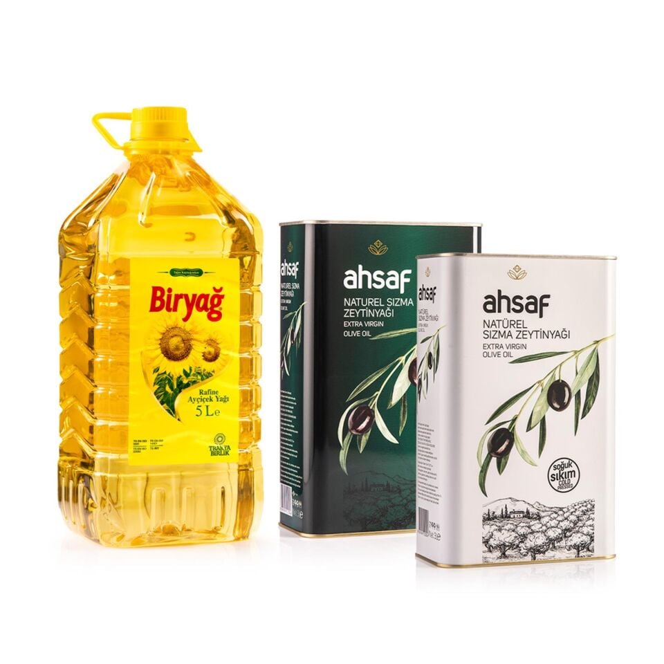 Ahsaf Soğuk Sıkım Natürel Sızma Zeytinyağı 3L Teneke+ Ahsaf Natürel Sızma Zeytinyağı 3L Teneke + Biryağ Ayçiçek Yağı 5L Pet