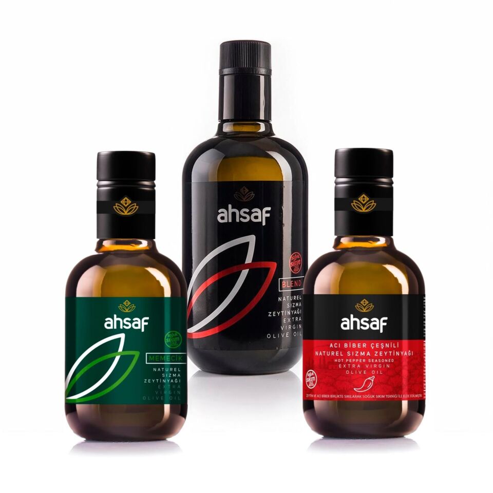 Blend Soğuk Sıkım Zeytinyağı 500 ml Cam Şişe + Memecik Zeytinyağı 250 ml Cam Şişe + Acı Çeşnili Zeytinyağı 250 ml Cam Şişe